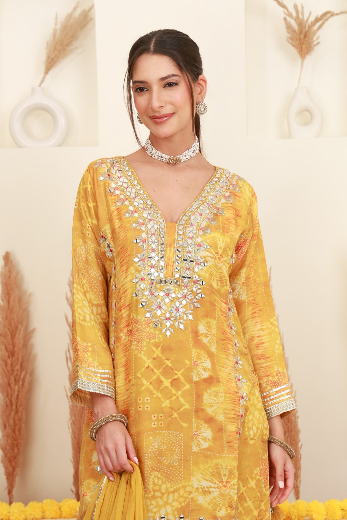 Mustard yellow embroidered kurta sharara set with silver embroidery and dupatta1