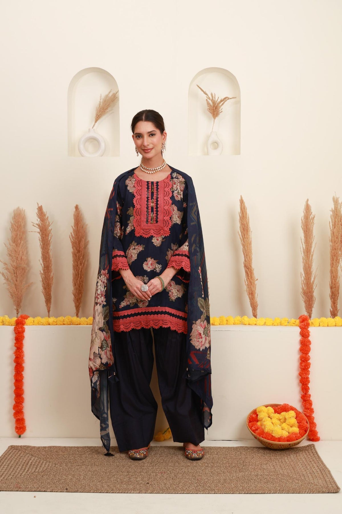 Navy blue floral printed kurta with Farshi Salwar and coral embroidery