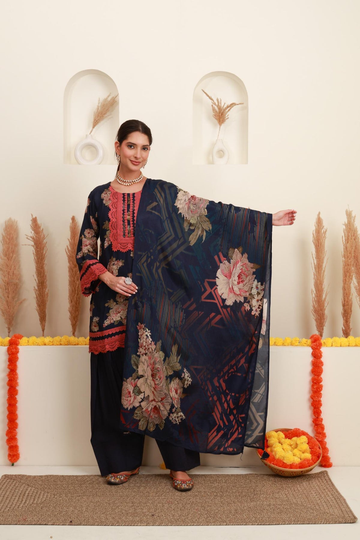 Navy Blue Floral Printed Kurta & Farshi Salwar Set with Dupatta
