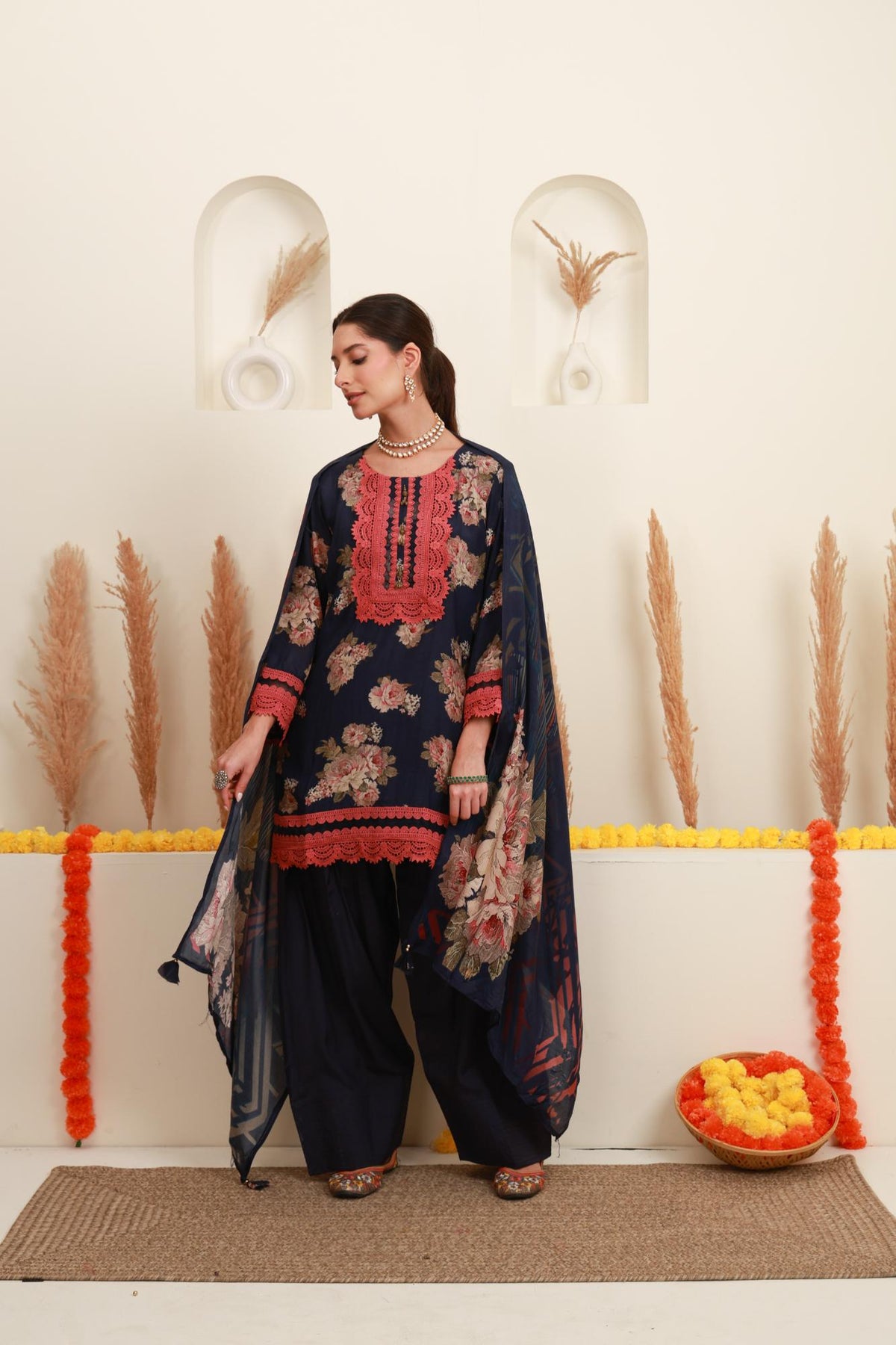 Navy Blue Floral Printed Kurta & Farshi Salwar Set with Dupatta
