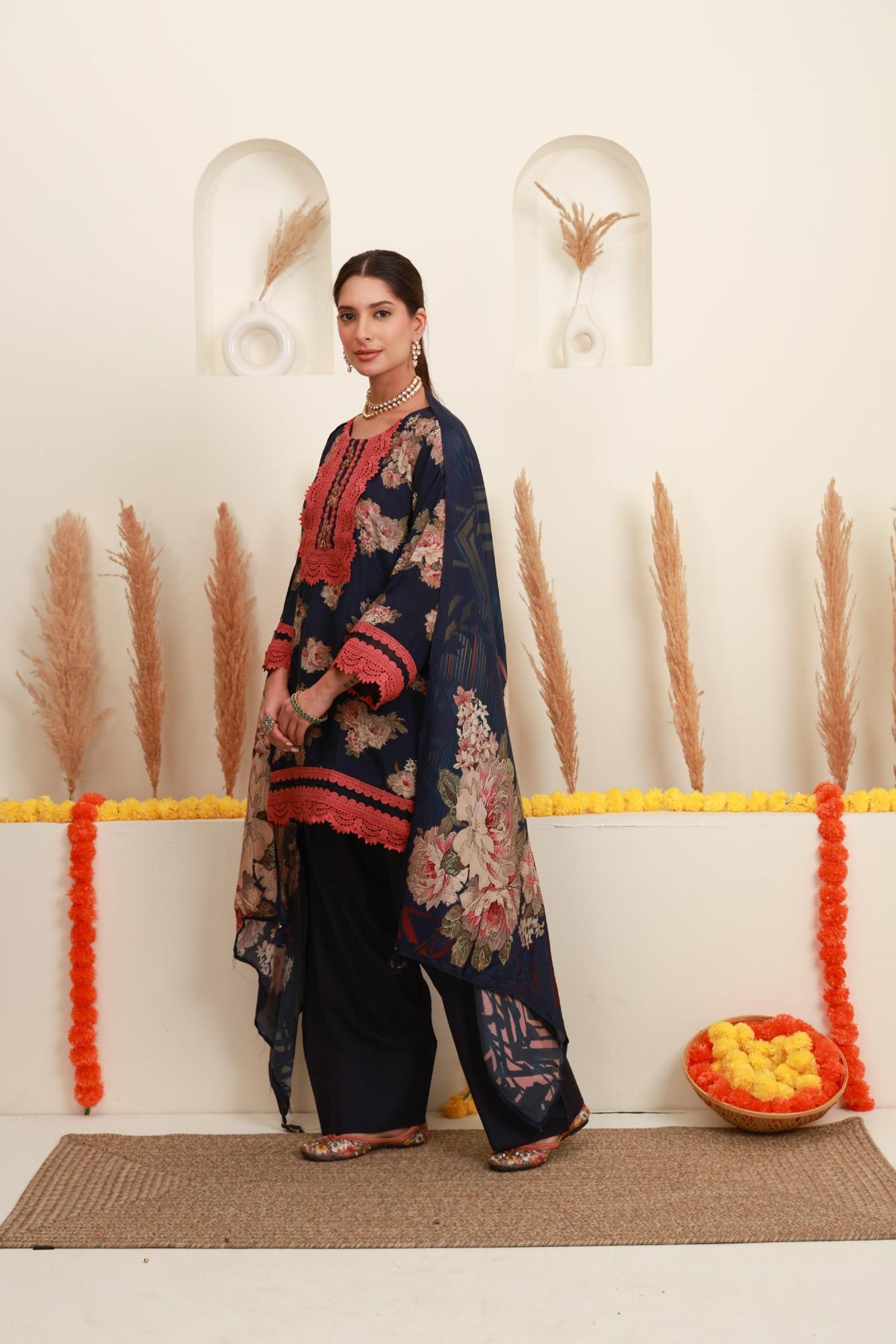 Navy Blue Floral Printed Kurta & Farshi Salwar Set with Dupatta