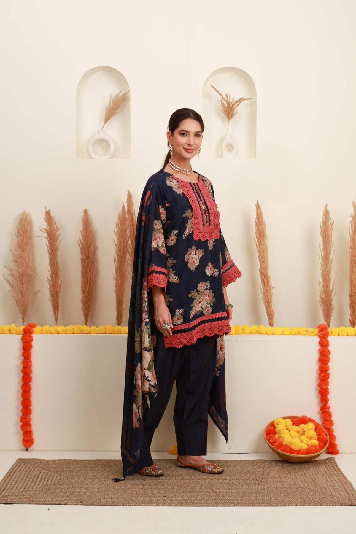 Navy Blue Floral Printed Kurta & Farshi Salwar Set with Dupatta