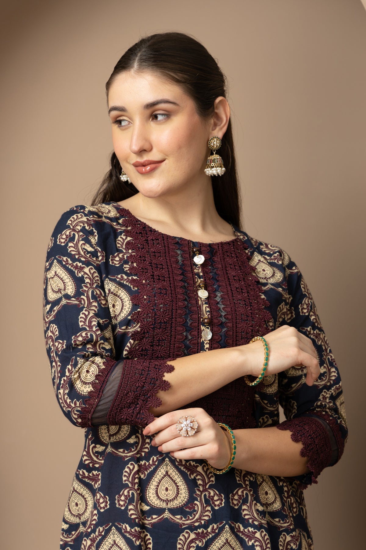 Navy Blue Printed Kurta with Farshi Hand Border Design