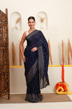 Navy blue silver stripe saree for women with geometric motifs