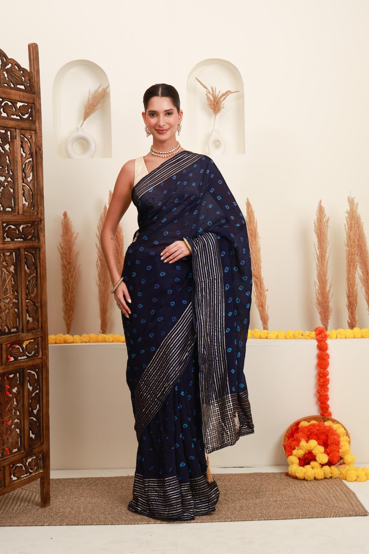 Navy blue silver stripe saree for women with geometric motifs