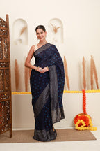 Navy Blue Silver Stripe Saree