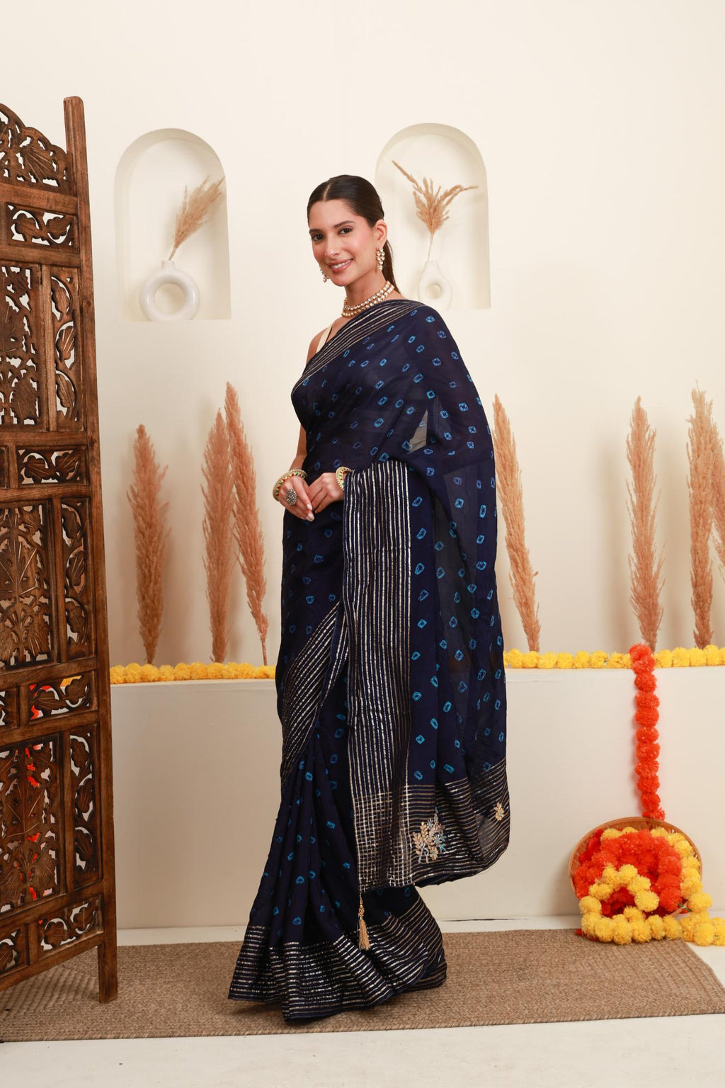 Navy Blue Silver Stripe Saree