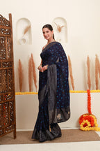 Navy Blue Silver Stripe Saree