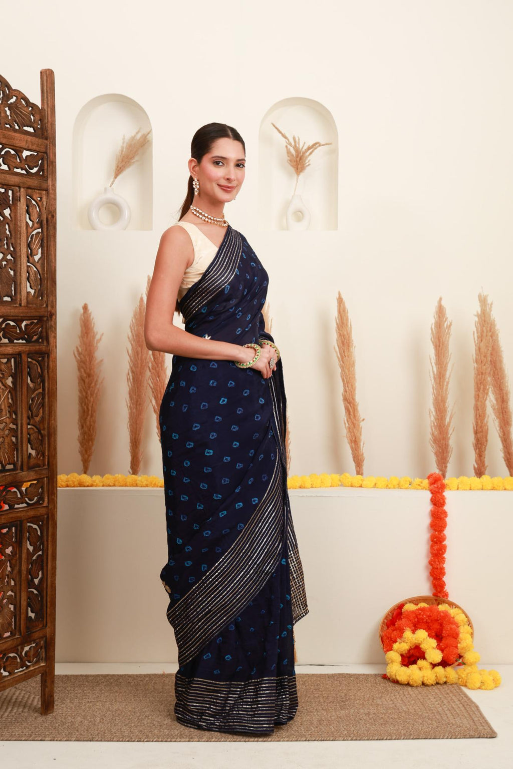 Navy Blue Silver Stripe Saree