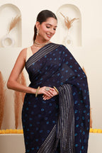 Navy Blue Silver Stripe Saree