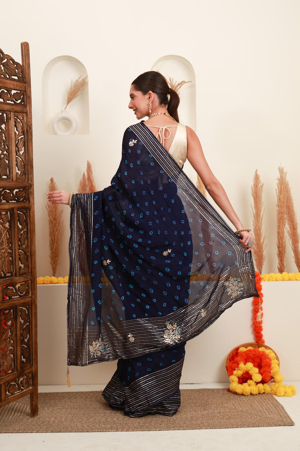 Navy Blue Silver Stripe Saree