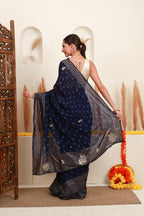 Navy Blue Silver Stripe Saree