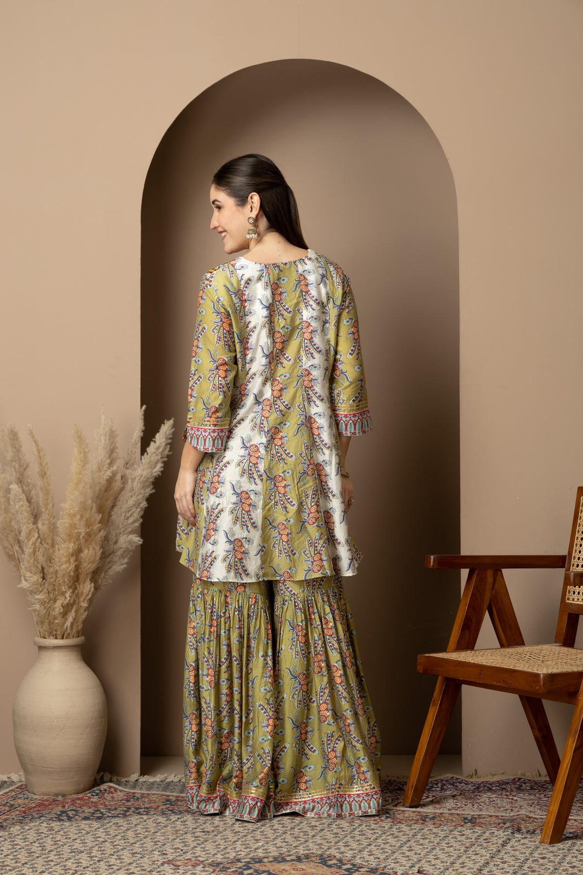 Olive Green Printed KurtaBack