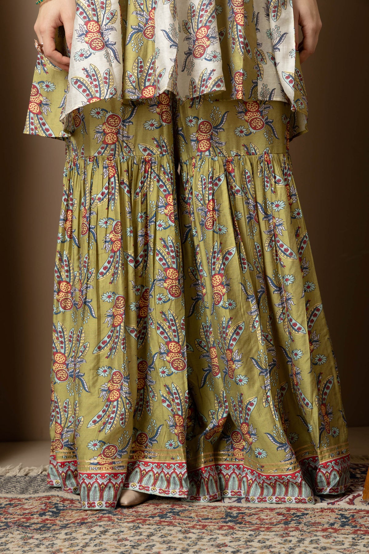 Olive Green Printed Kurta with Sharara Design