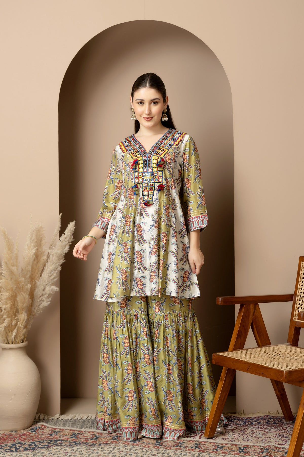 Olive Green Printed Kurta with Sharara Set full Look Design