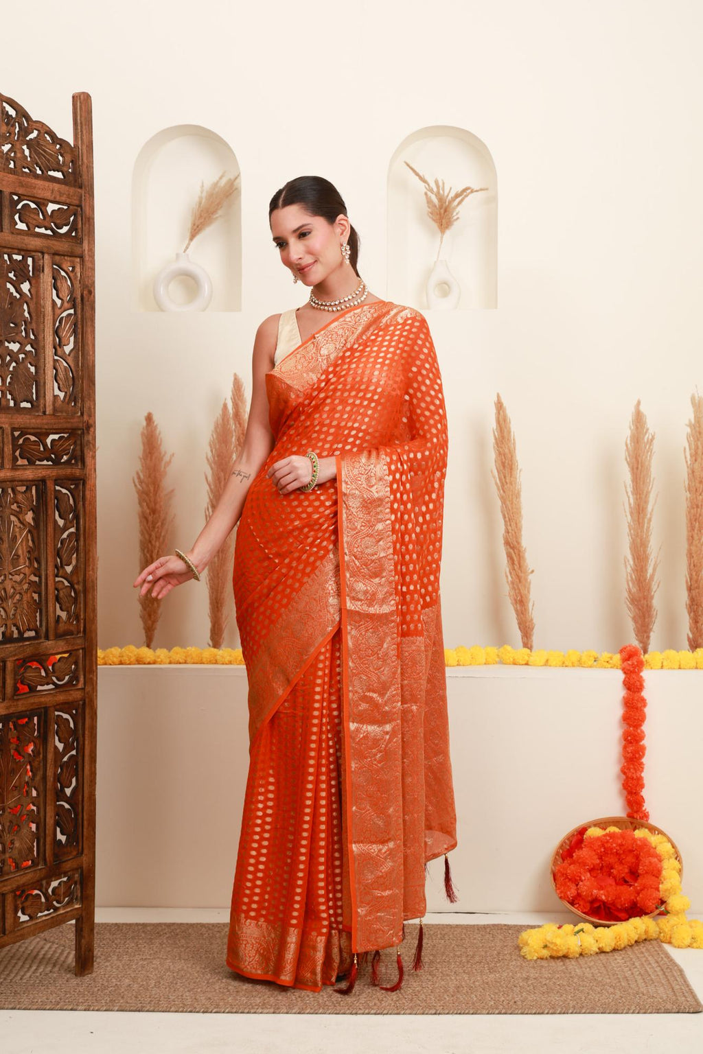 Orange Gold Polka Traditional Saree