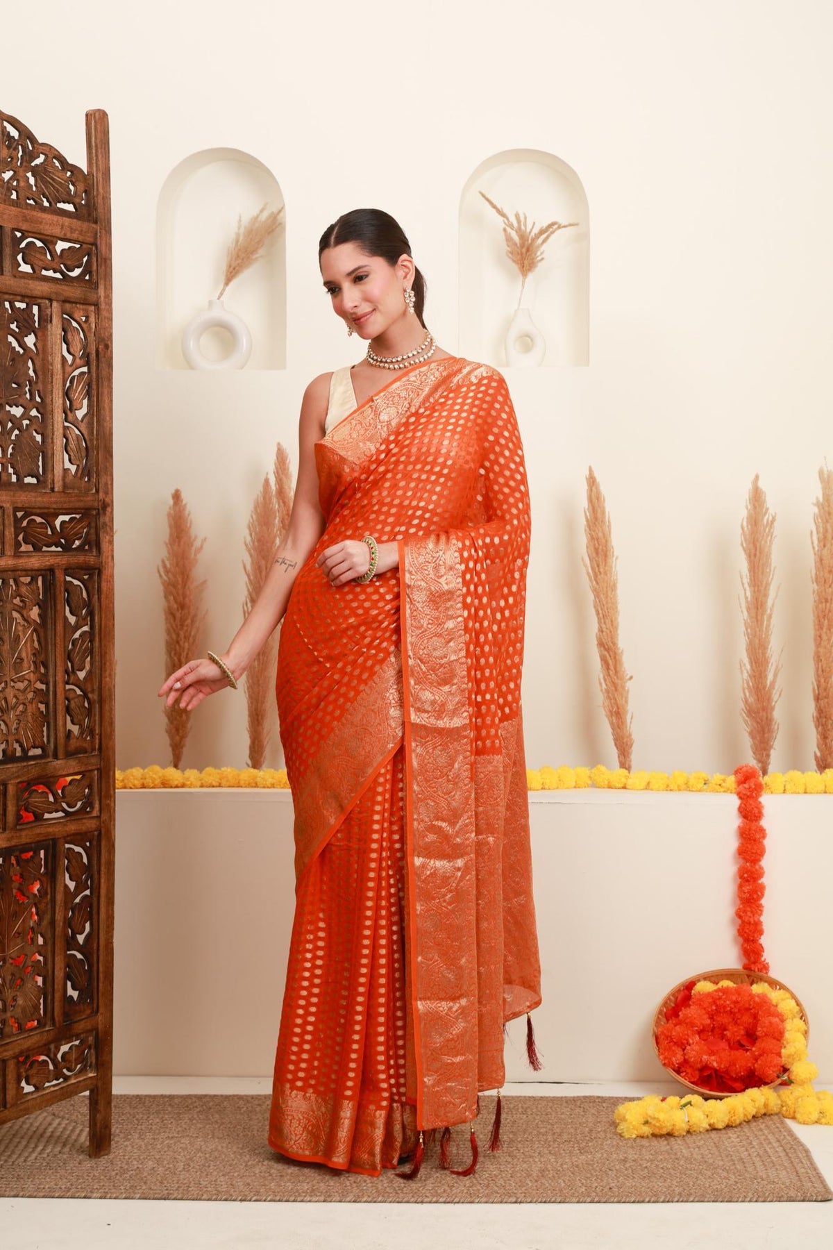 Orange Gold Polka Traditional Saree