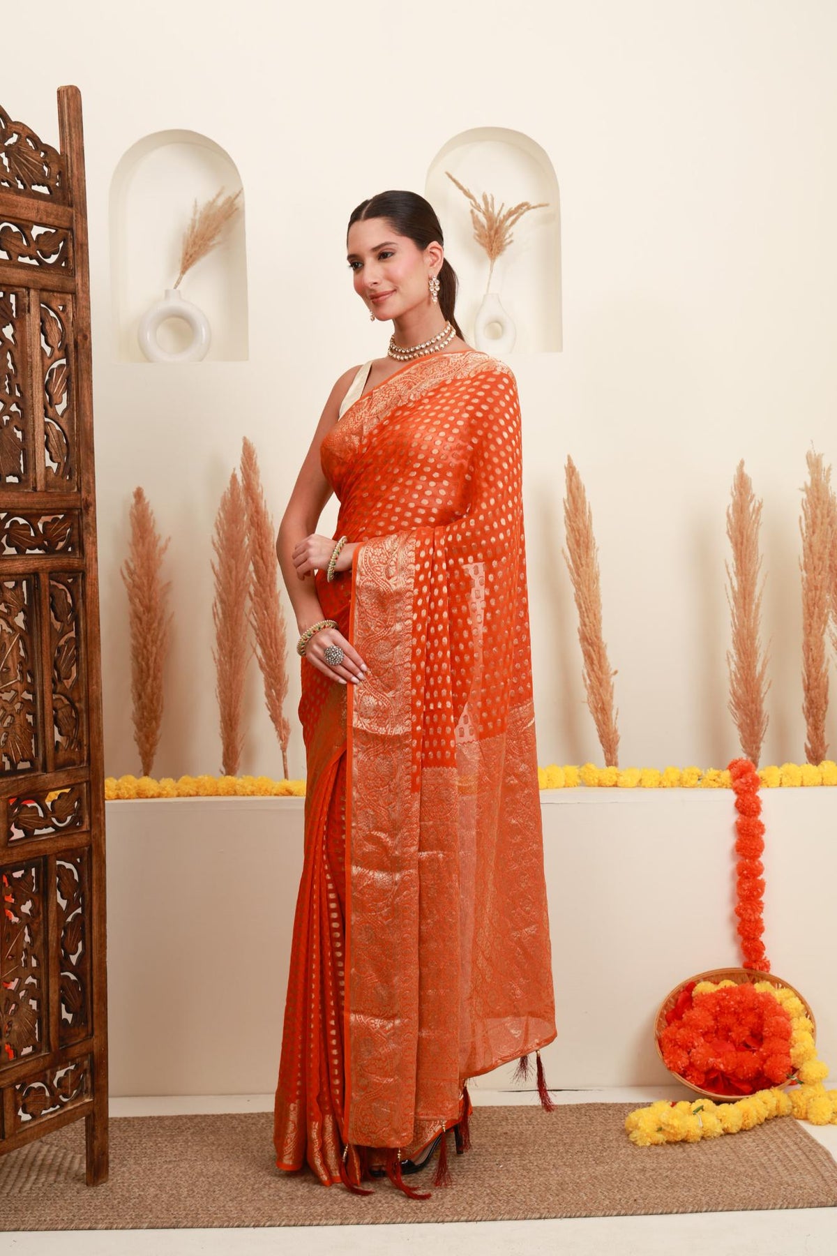 Orange Gold Polka Traditional Saree