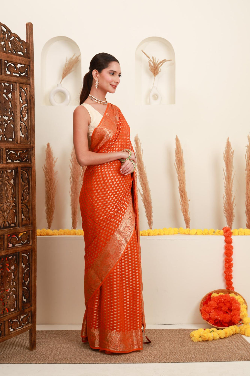 Orange Gold Polka Traditional Saree