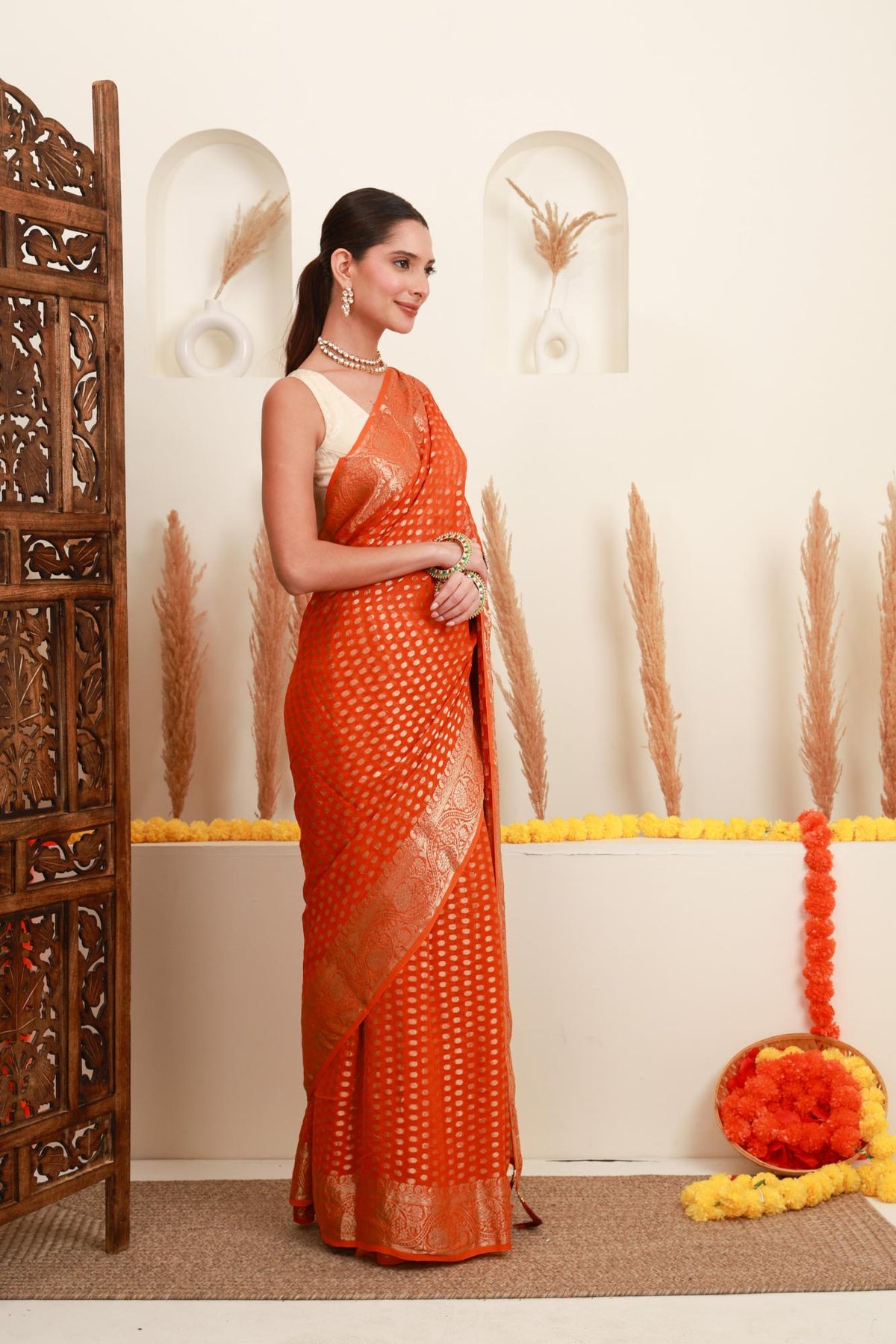 Orange Gold Polka Traditional Saree