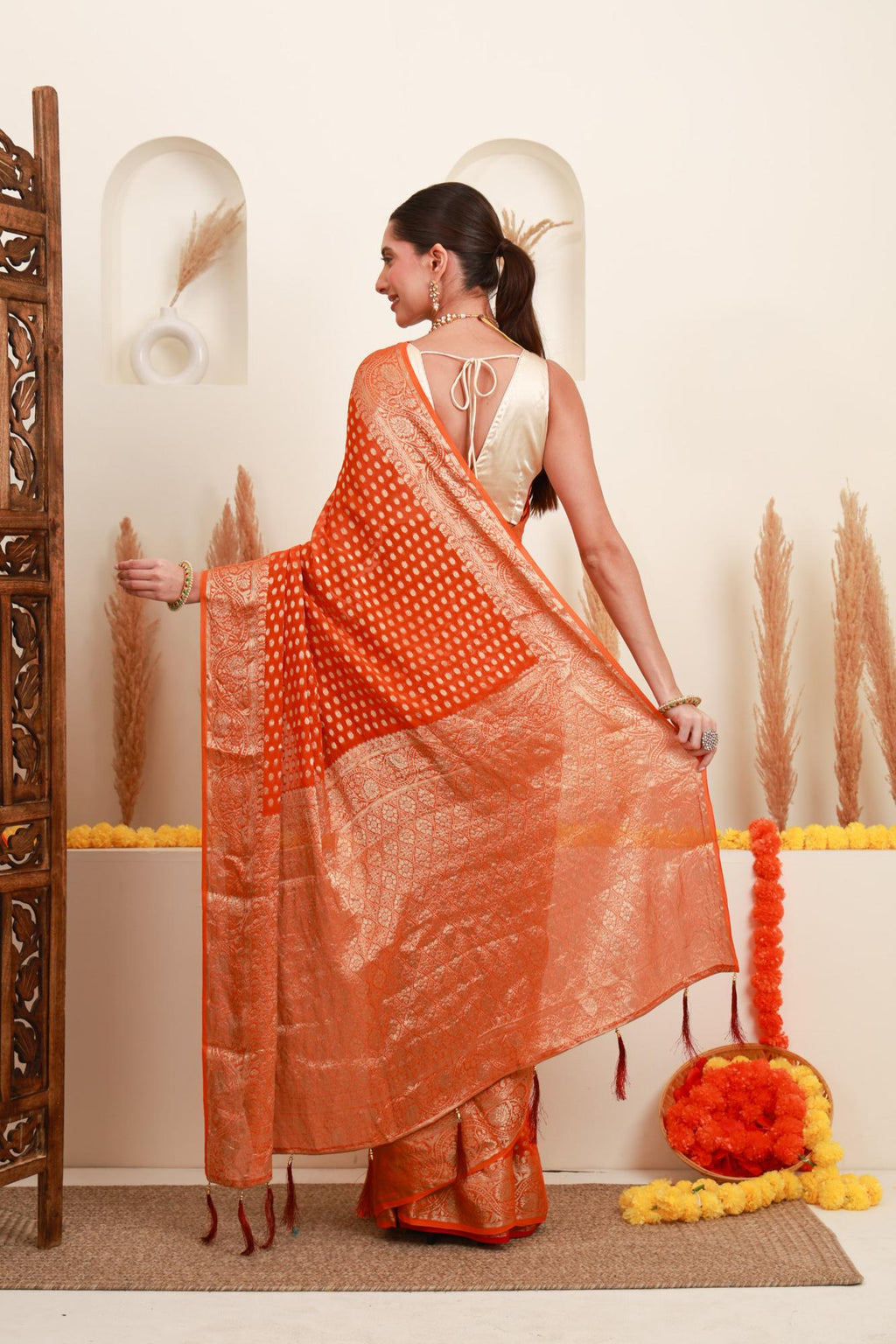 Orange Gold Polka Traditional Saree