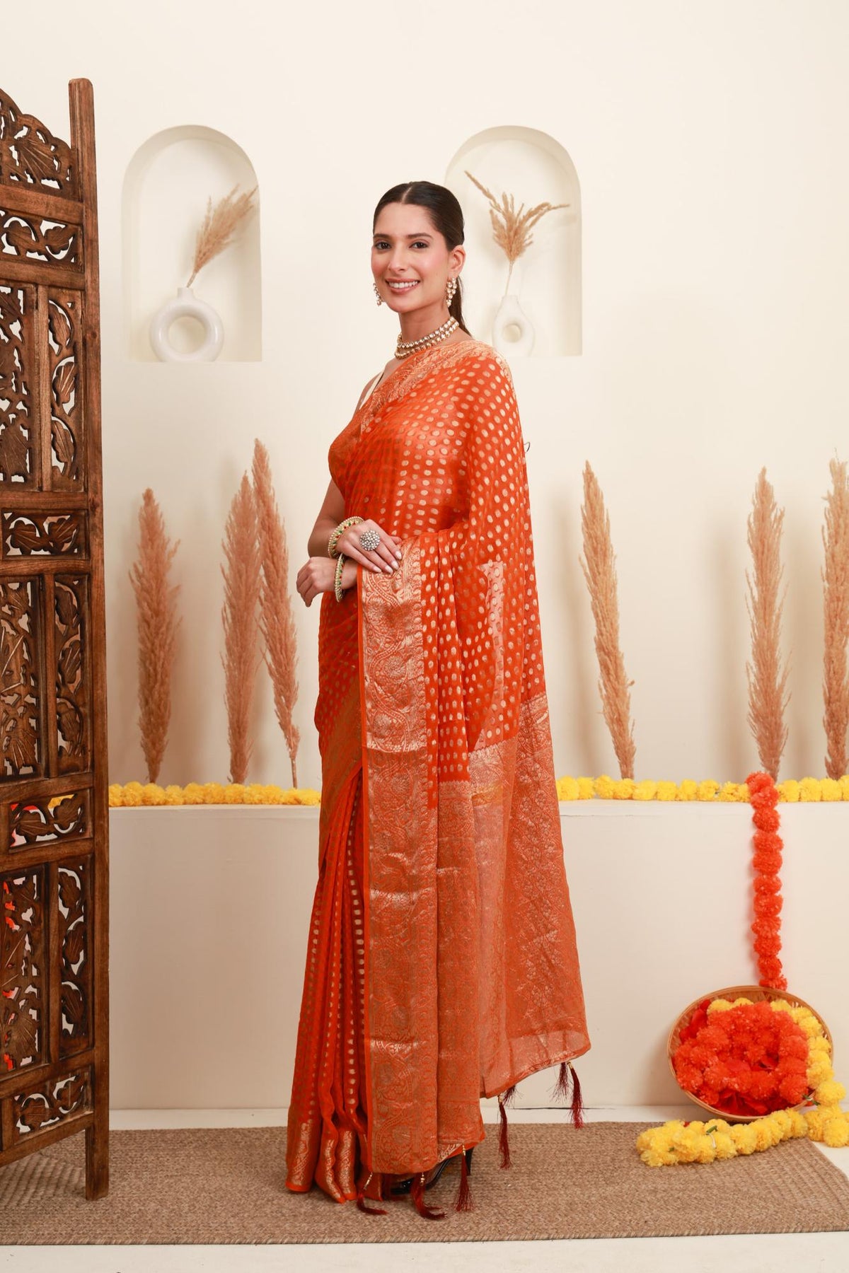 Orange Gold Polka Saree Side