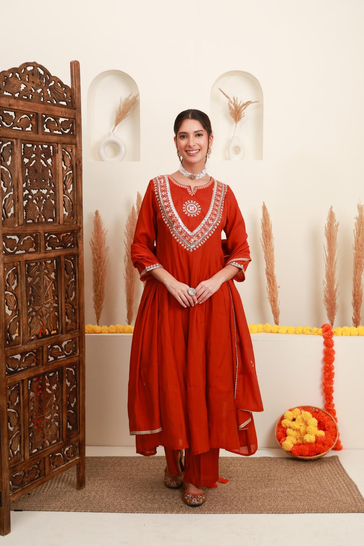 Orange red embroidered Anarkali suit set for women with dupatta
