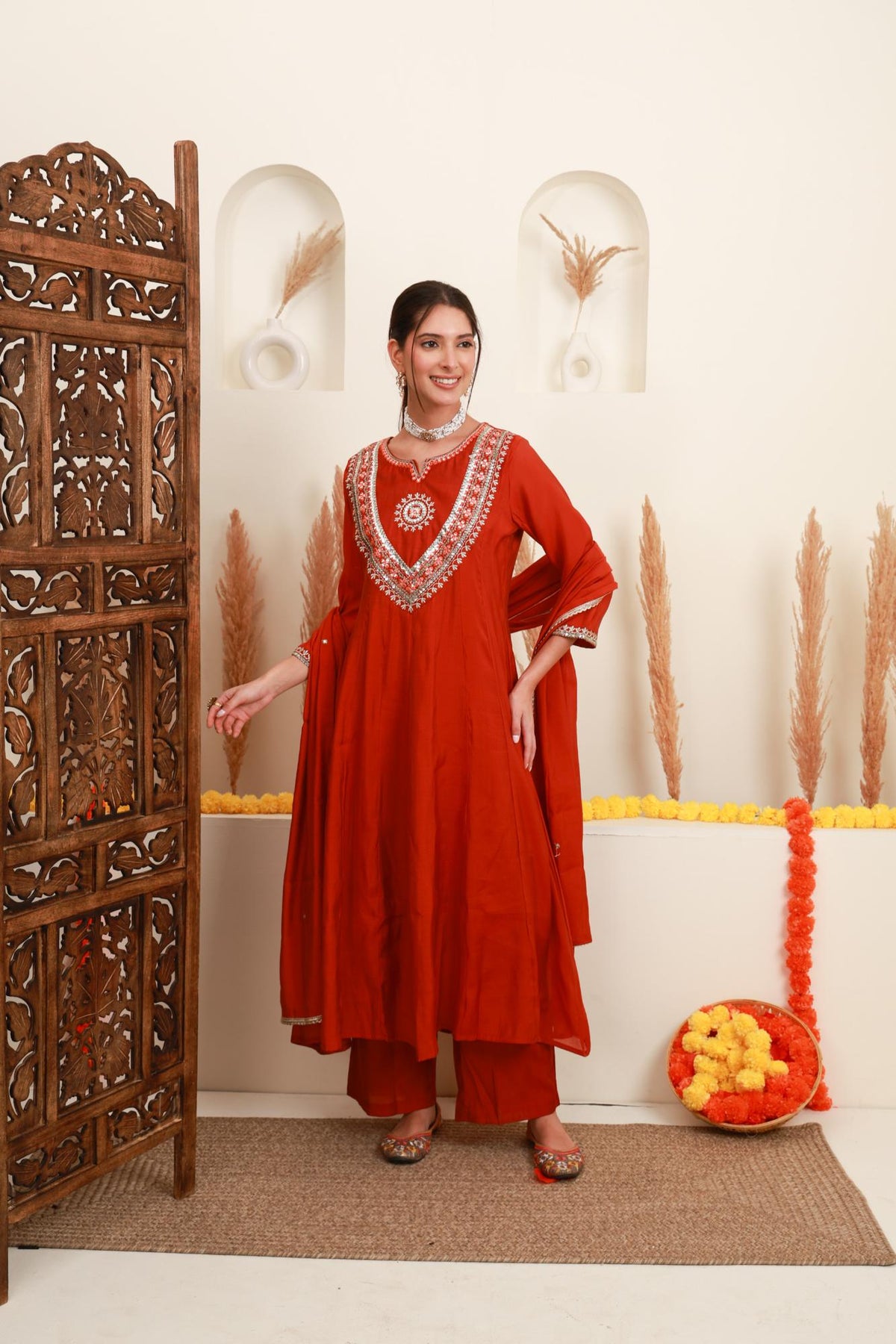 Orange Red Embroidered Anarkali Suit Set with Dupatta