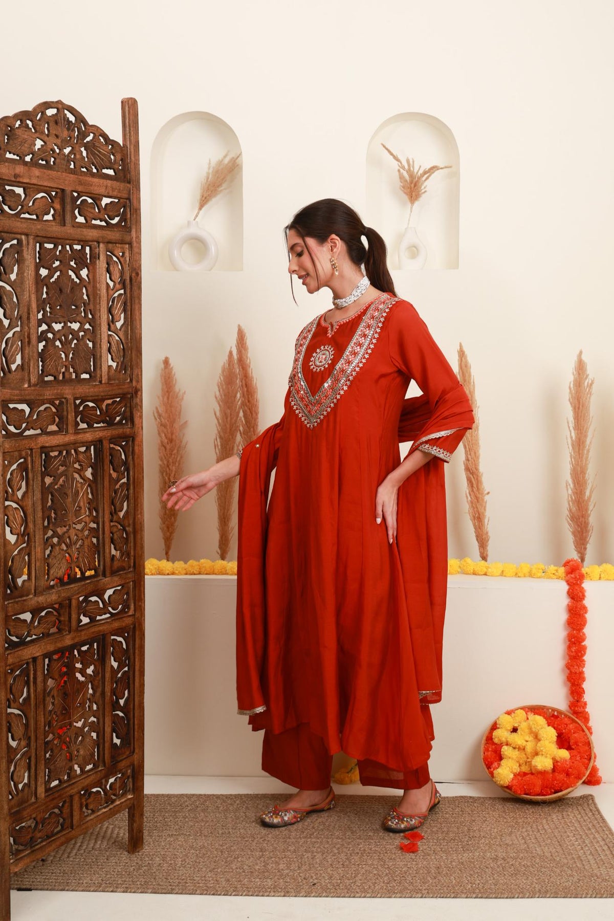 Orange Red Embroidered Anarkali Suit Set with Dupatta
