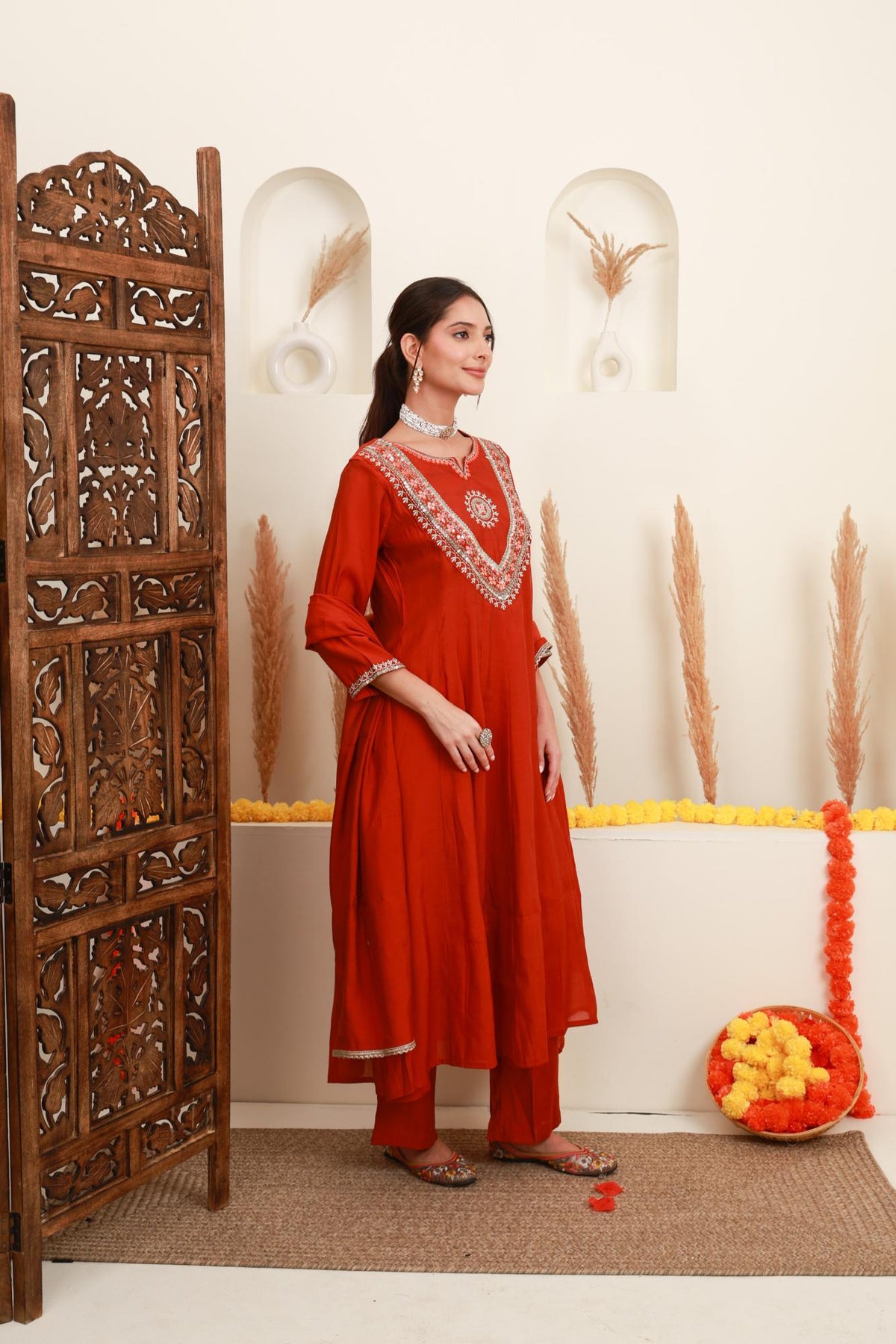 Orange Red Embroidered Anarkali Suit Set with Dupatta