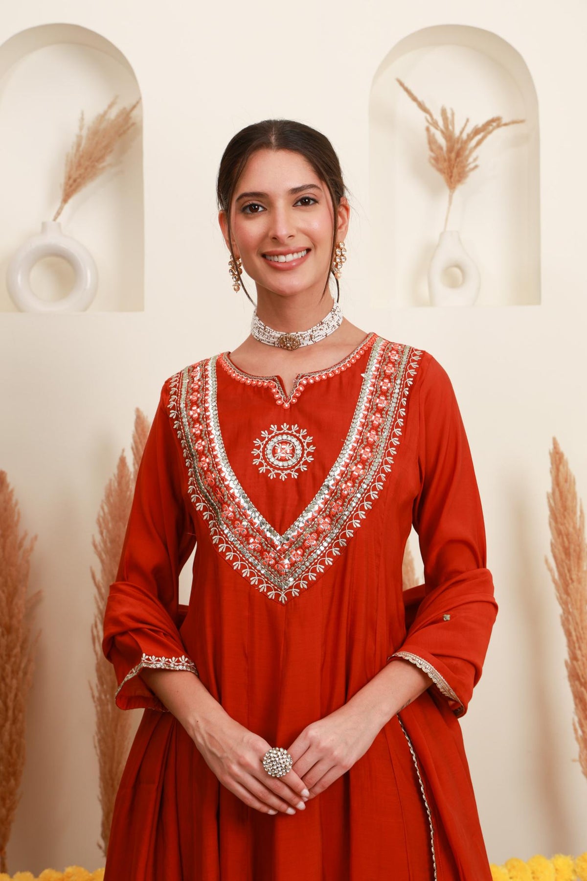 Orange Red Embroidered Anarkali Suit Set with Dupatta