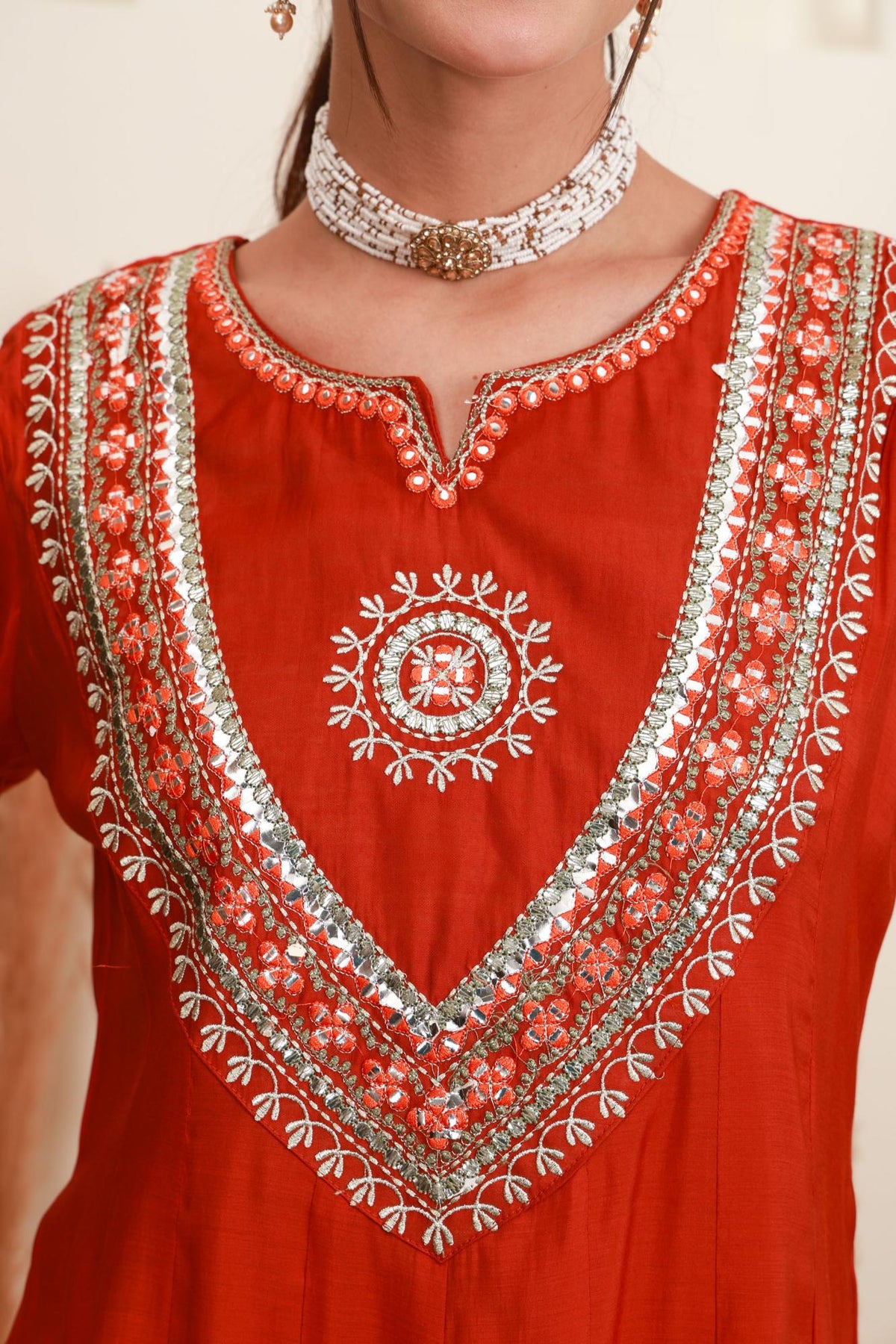 Orange Red Embroidered Anarkali Suit Set with Dupatta