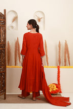Orange Red Embroidered Anarkali Suit Set with Dupatta