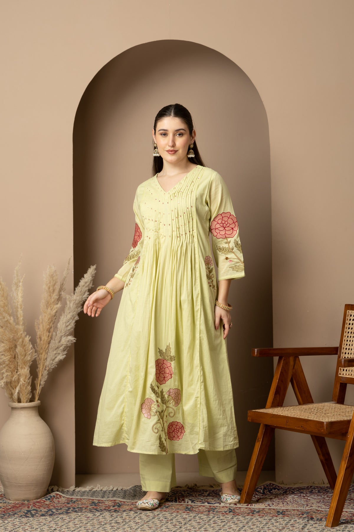 Pastel Lime Green Embroidered A-Line Kurta & Pant Set Zoom Full Design