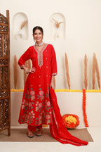 Pink frock-style floral embroidered kurta set with floral dupatta