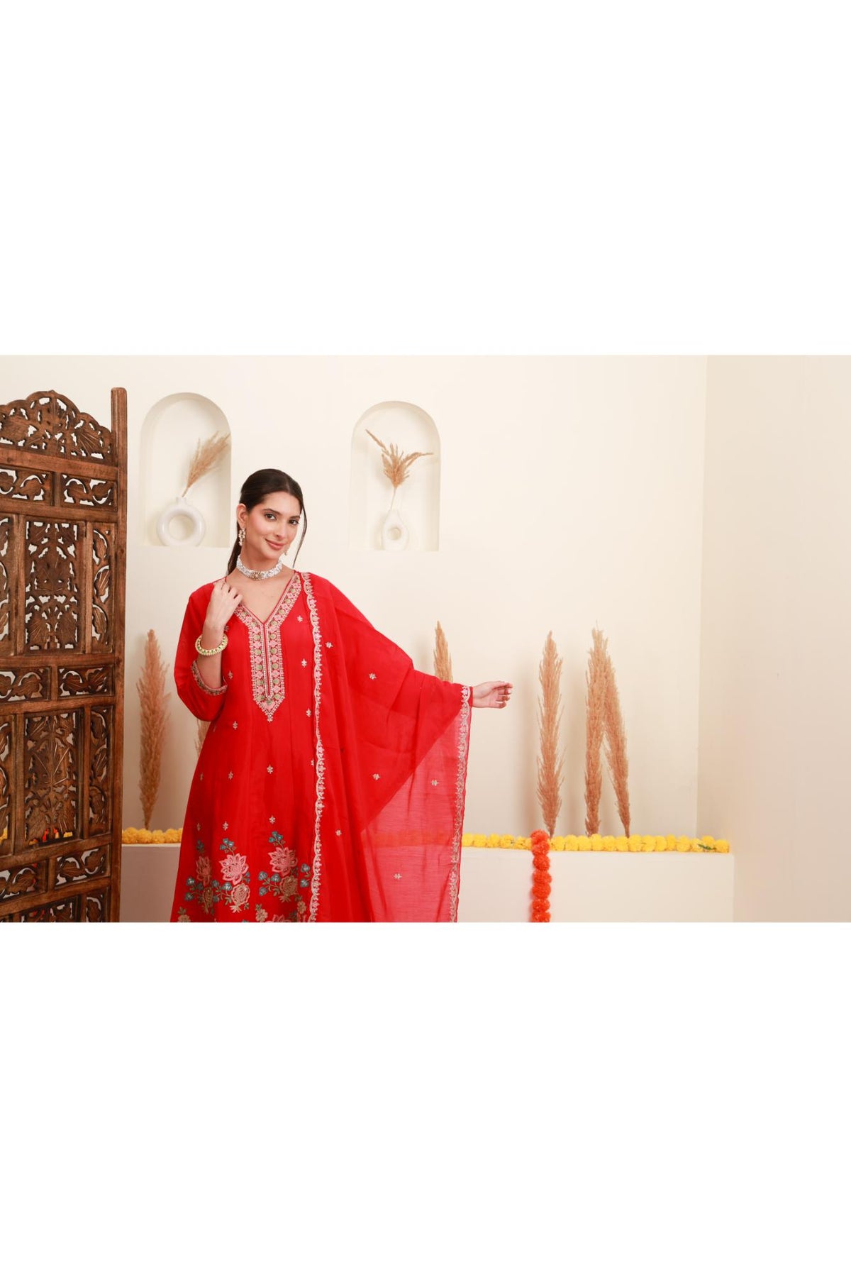 Pink Frock-Style Floral Embroidered Kurta Set with Dupatta