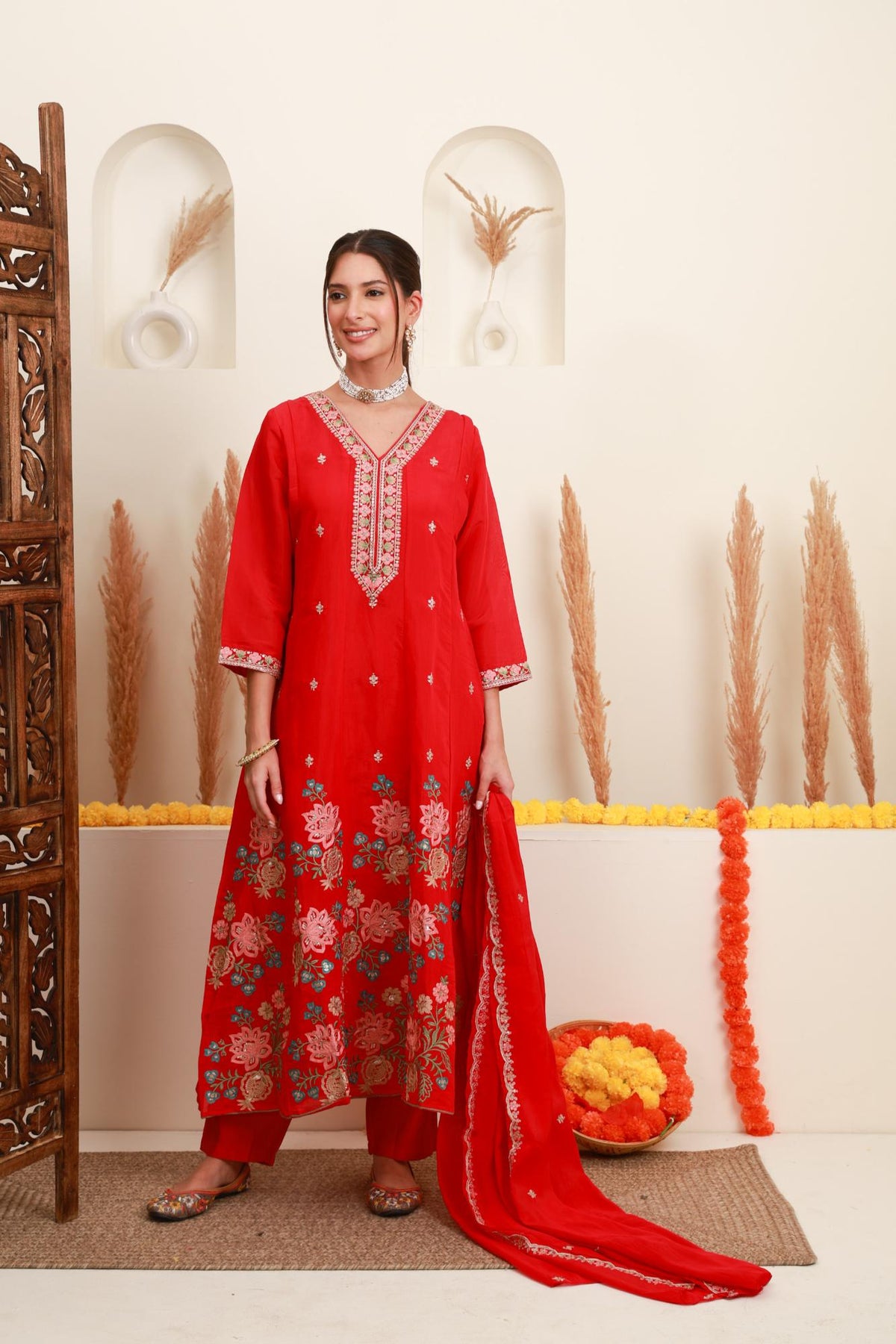 Pink Frock-Style Floral Embroidered Kurta Set with Dupatta