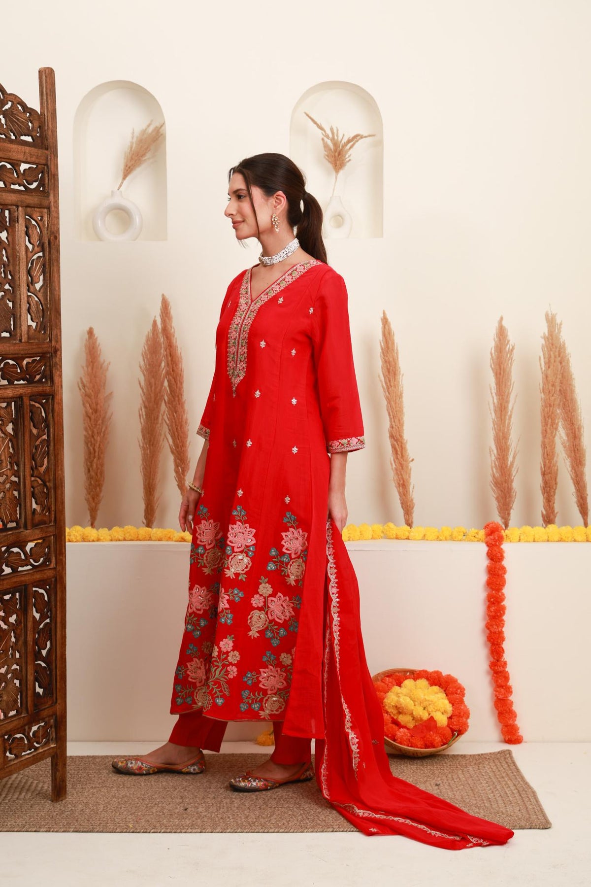 Pink Frock-Style Floral Embroidered Kurta Set with Dupatta