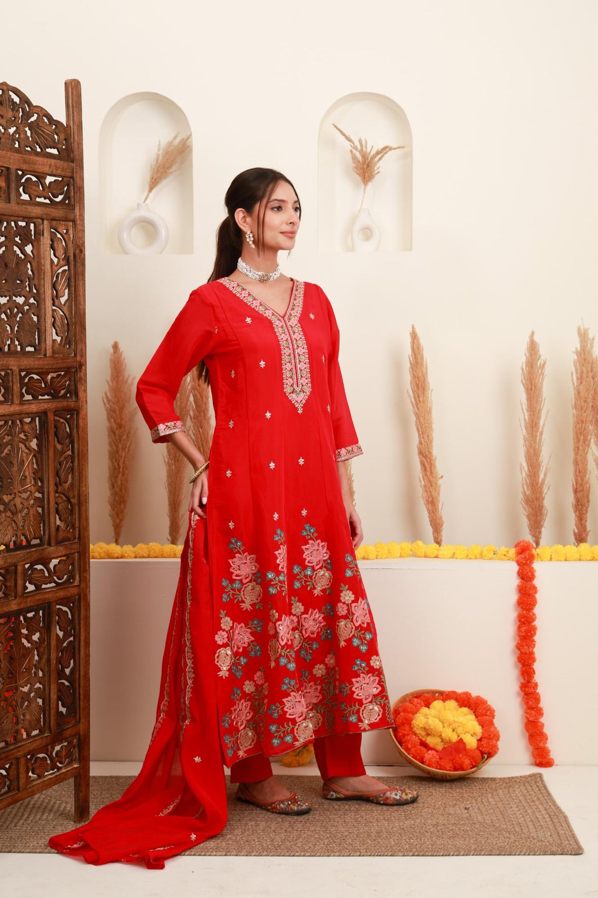 Pink Frock-Style Floral Embroidered Kurta Set with Dupatta
