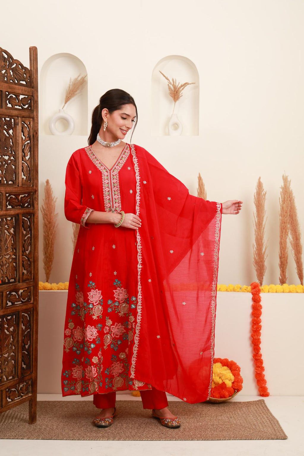 Pink Frock-Style Floral Embroidered Kurta Set with Dupatta