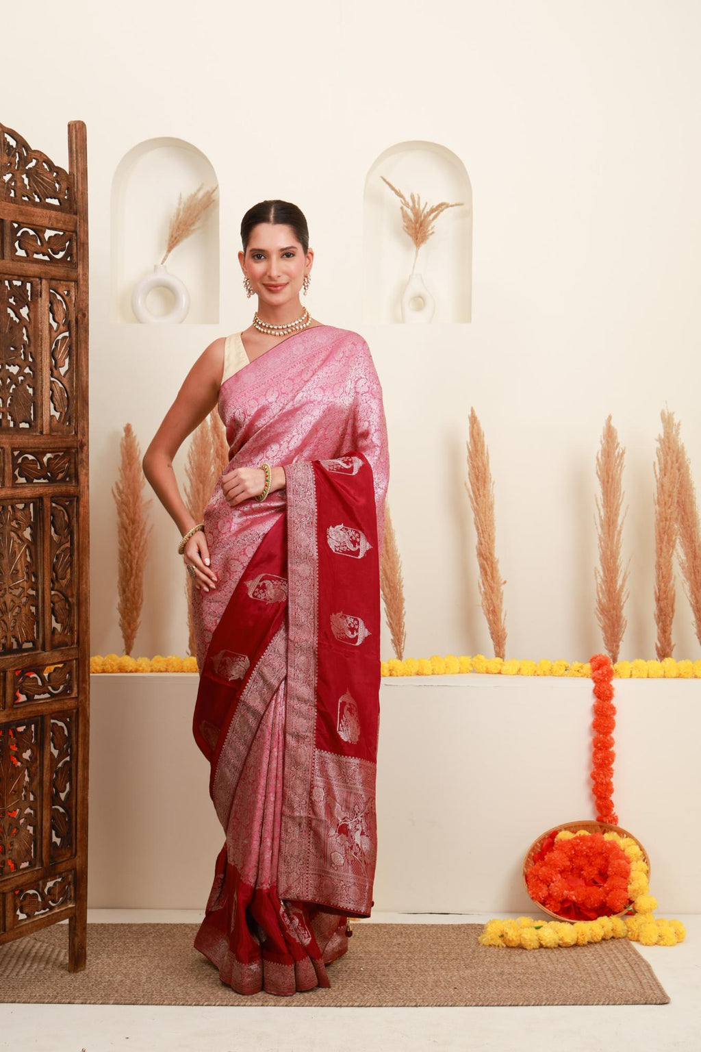 Pink and wine brocade-style saree for women with wine pallu