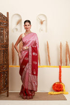 Pink and wine brocade-style saree for women with wine pallu