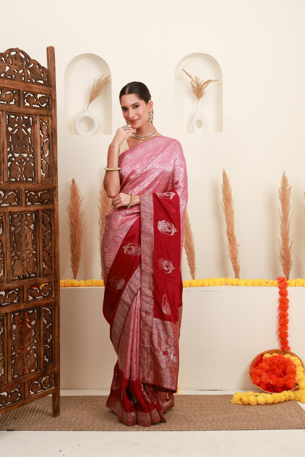 Pink and Wine Traditional Brocade-Style Saree