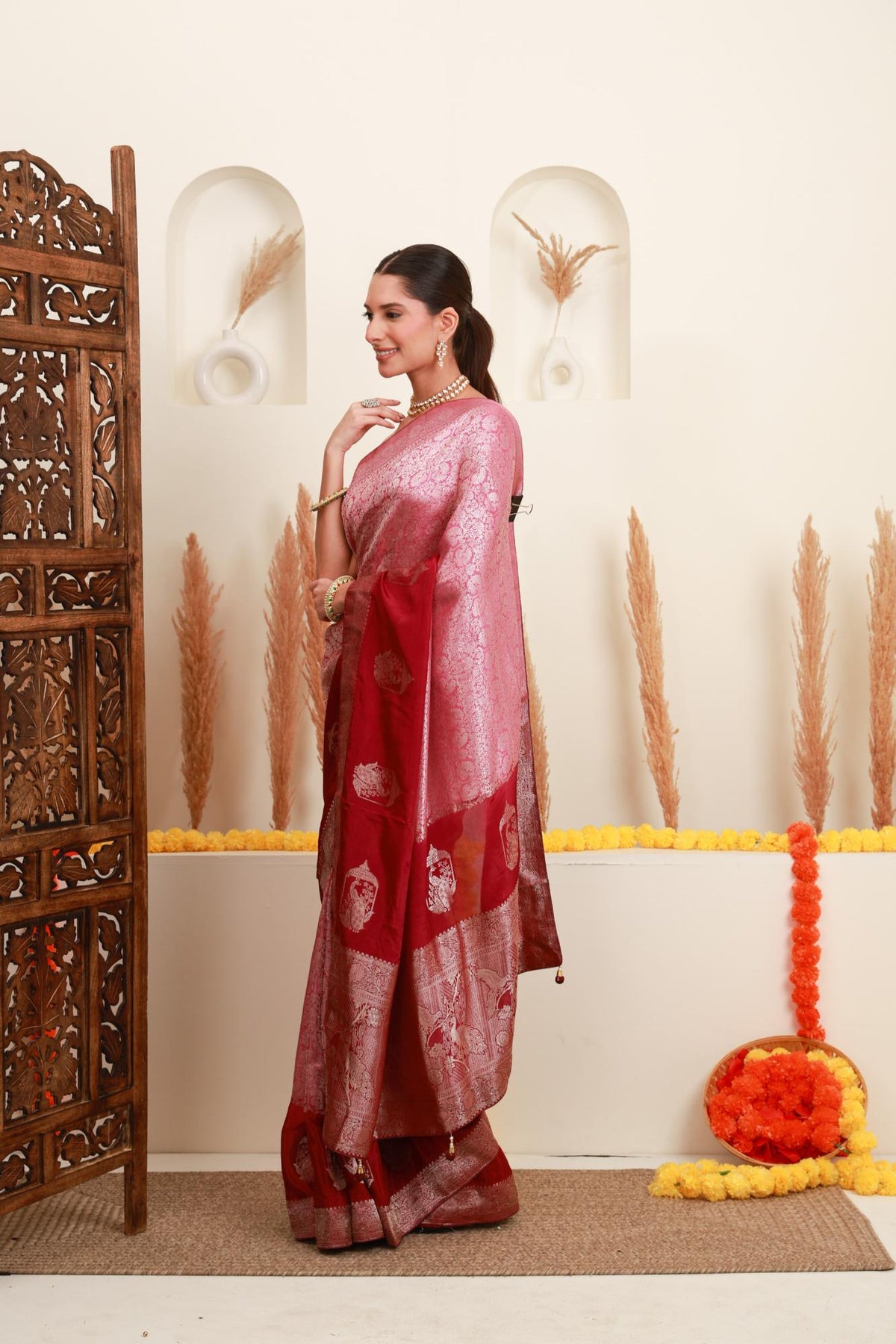 Pink and Wine Traditional Brocade-Style Saree
