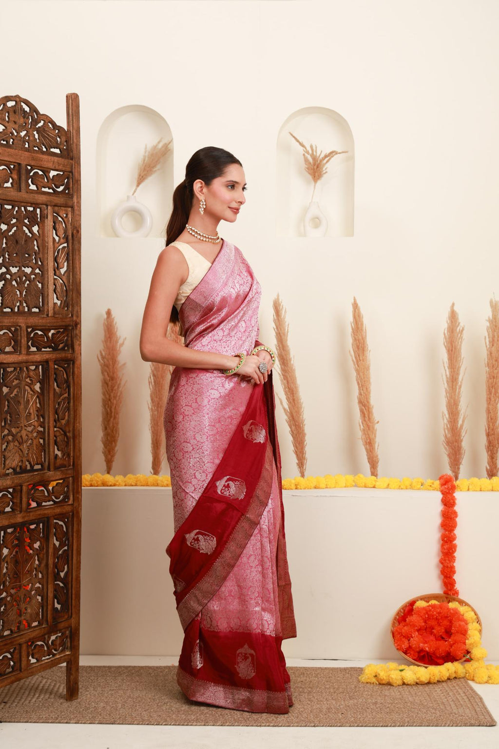 Pink and Wine Traditional Brocade-Style Saree