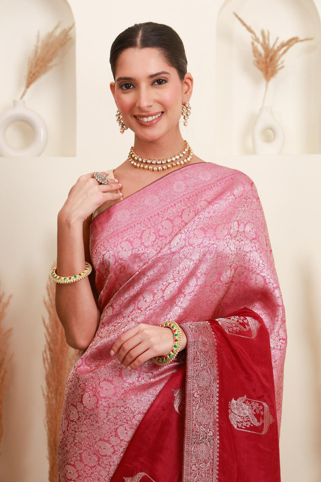 Pink and Wine Traditional Brocade-Style Saree