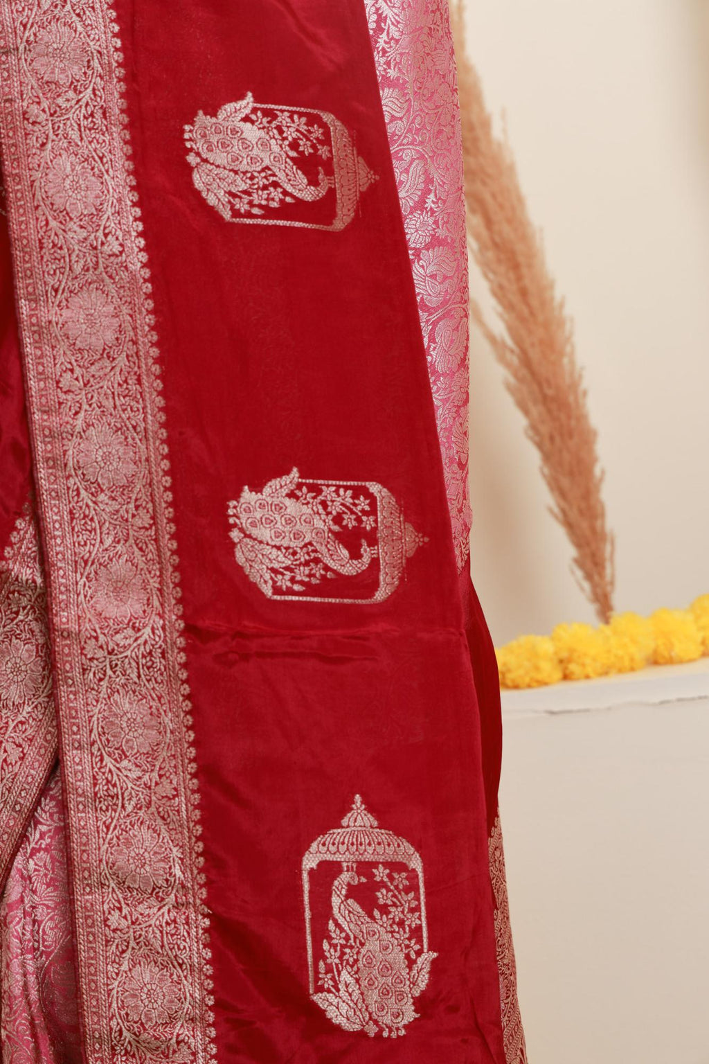 Pink and Wine Traditional Brocade-Style Saree