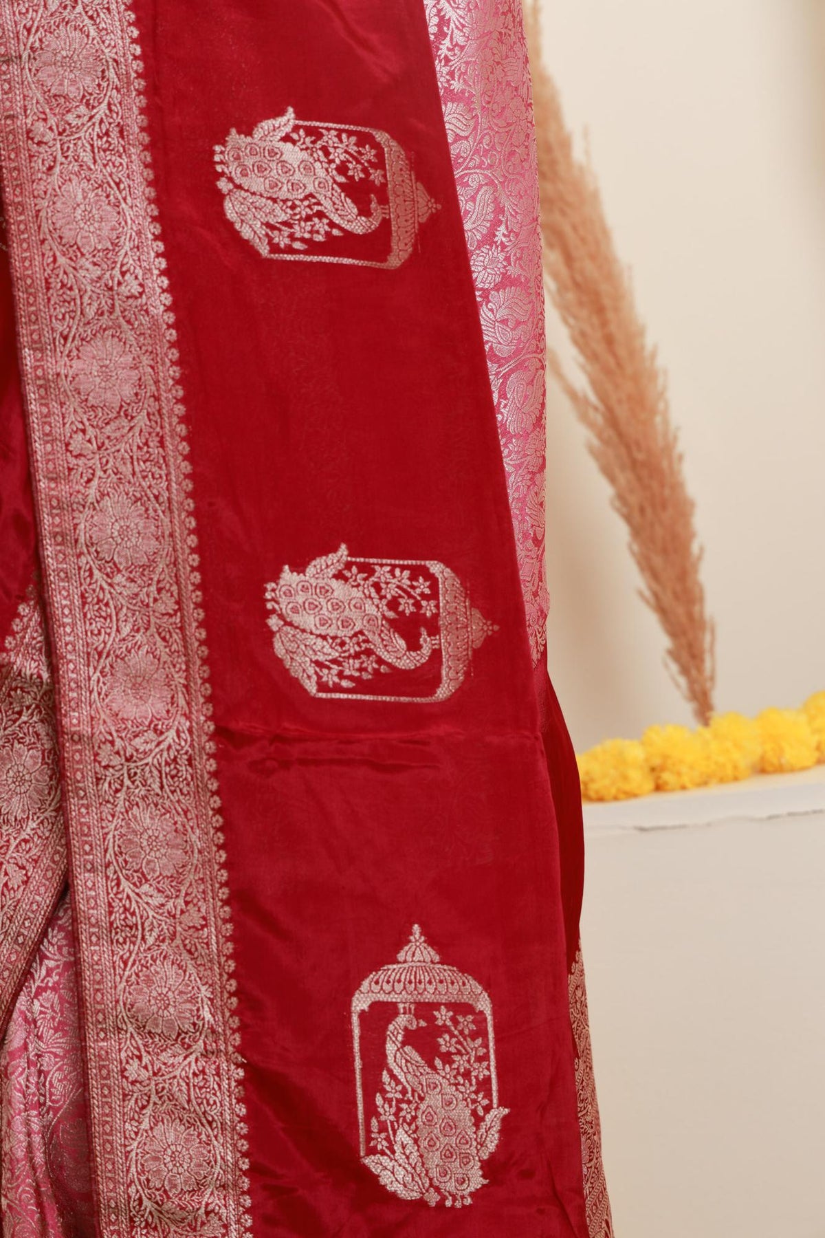 Pink and Wine Traditional Brocade-Style Saree
