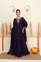 Purple embroidered flared skirt set for women with antique-gold detailing and sheer dupatta front 1