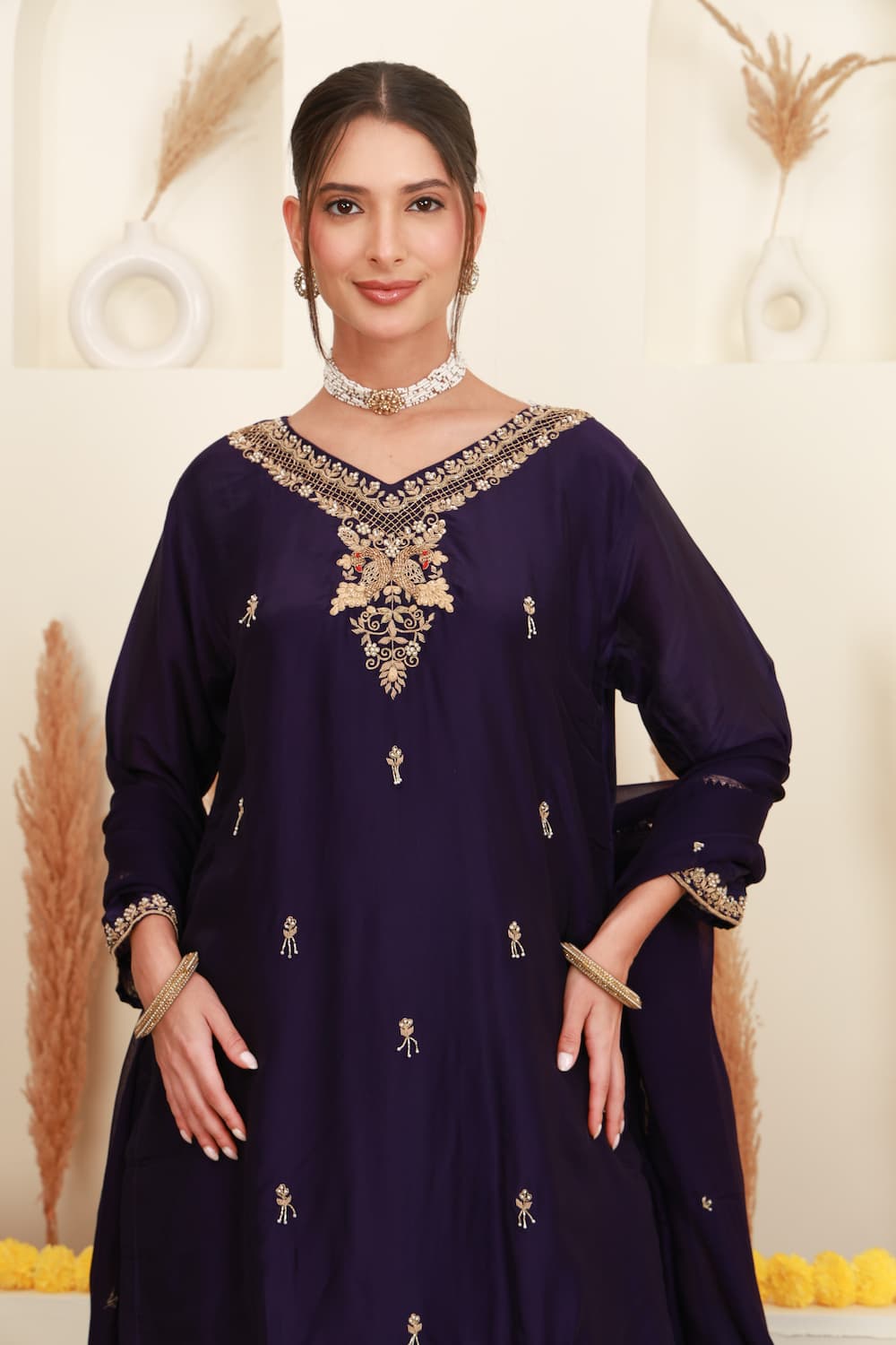 Purple embroidered flared skirt set for women with antique-gold detailing and sheer dupatta front zoom